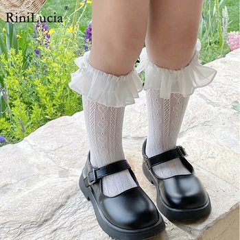 RiniLucia/ Новост 2023 година, Чорапи за малки момичета, Обикновена Дълги Чорапи с волани, Детски Аксесоари, Бебешки Меки Дишащи Чорапи за Момичета
