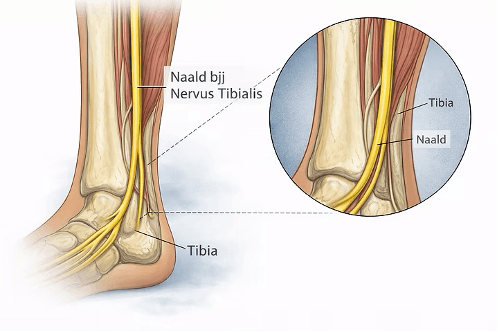 PTNS behandeling: Naald bij nervus tibialis voor percutane tibiale zenuwstimulatie.